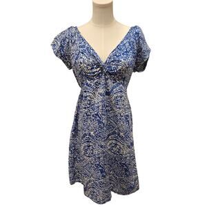 Santiki Travel Cruise Rayon Dress Short Sleeve V-Neck Blue White Medium